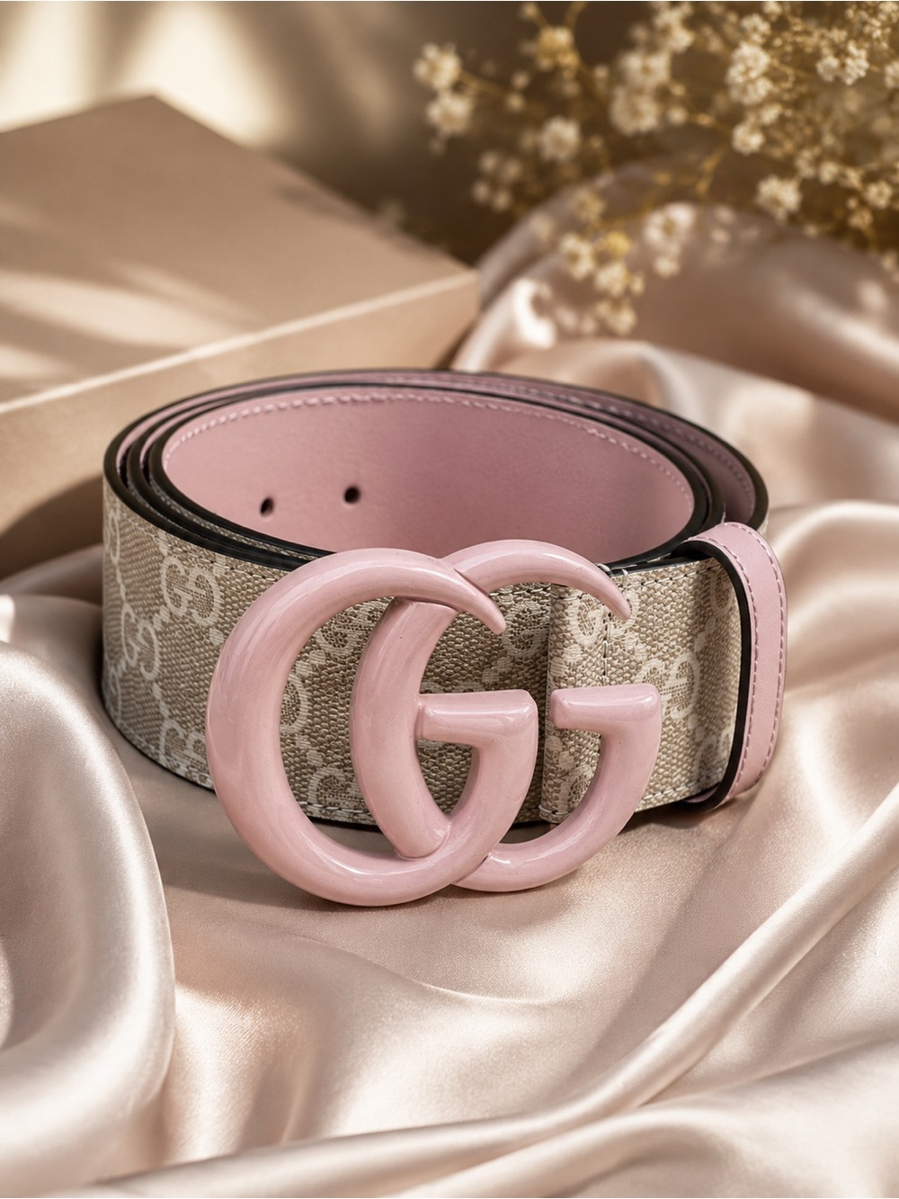 Gucci GG Marmont Pink Double G Belt Beige GG Supreme Canvas Pink Leather 110